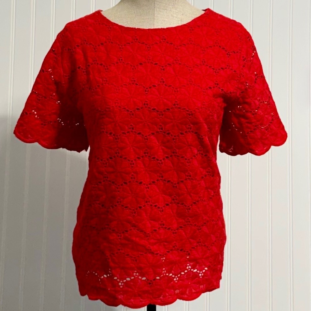 Ellison Red Floral Lace Eyelet Top Scalloped Short Sleeve Boho Festival Fairy M